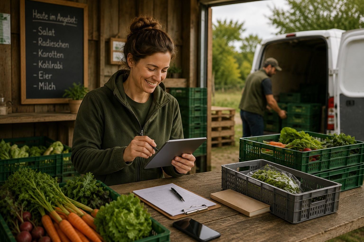 Symbolbild: Direktvermarkterin arbeitet am Tablet